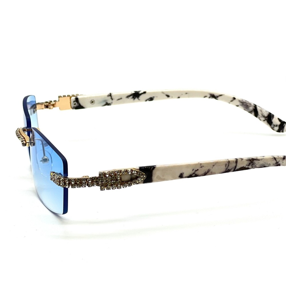 Sunglasses Blue Lens Men Gangster Rhinestone Stud Rimless Rectangle 90s Rapper - Picture 4 of 9